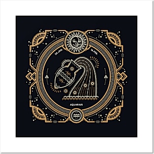 Aquarius Zodiac Gold White on Black Background Posters and Art